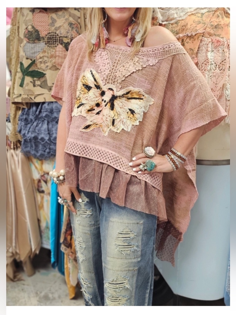 NWT A rare Bird Dusty Pink Bird Patchwork Lace Ruffle Hem Top Luxury Boutique